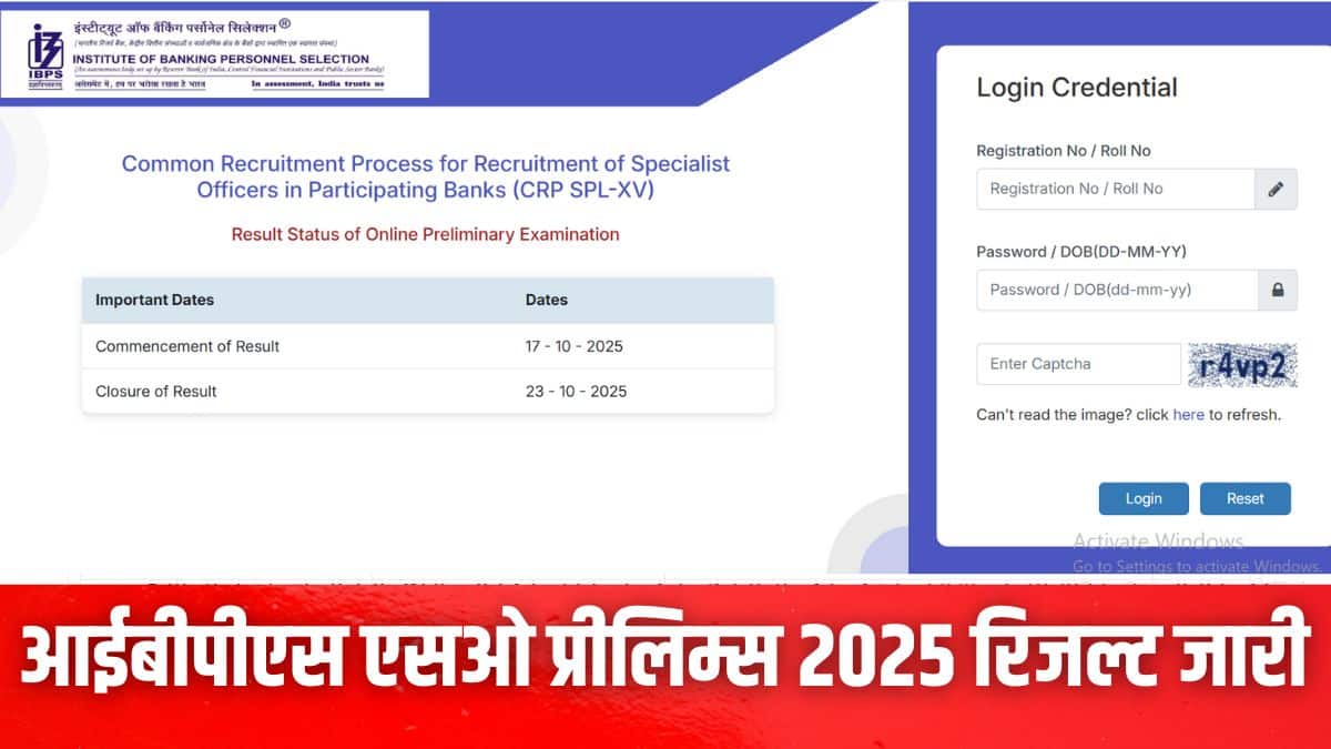 IBPS SO Prelims Result 2025: आईबीपीएस एसओ प्रीलिम्स रिजल्ट ibps.in पर जारी, 23 अक्टूबर तक वेबसाइट पर उपलब्ध